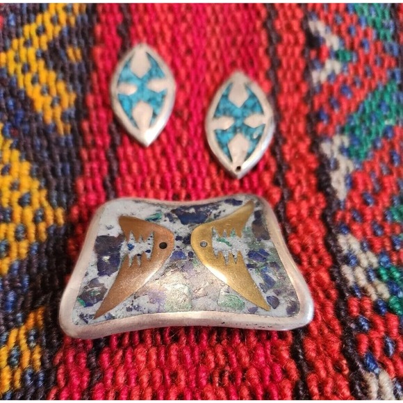 Vintage Lot Signed Nestor TAXCO Mexican Sterling Mixed Metals Brooch Earrings - Picture 3 of 10